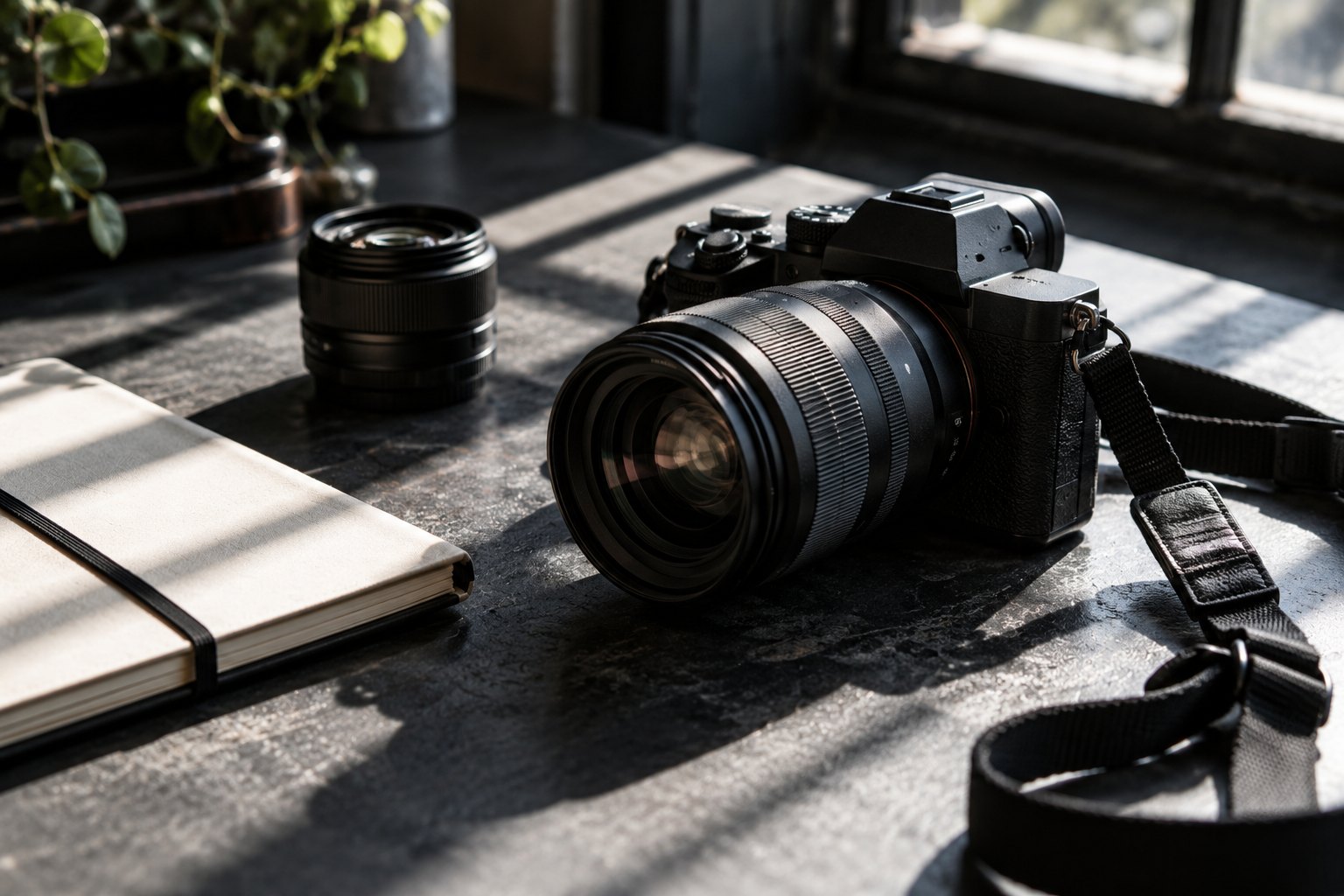 Illustrative camera, lens and notebook on a table in window light