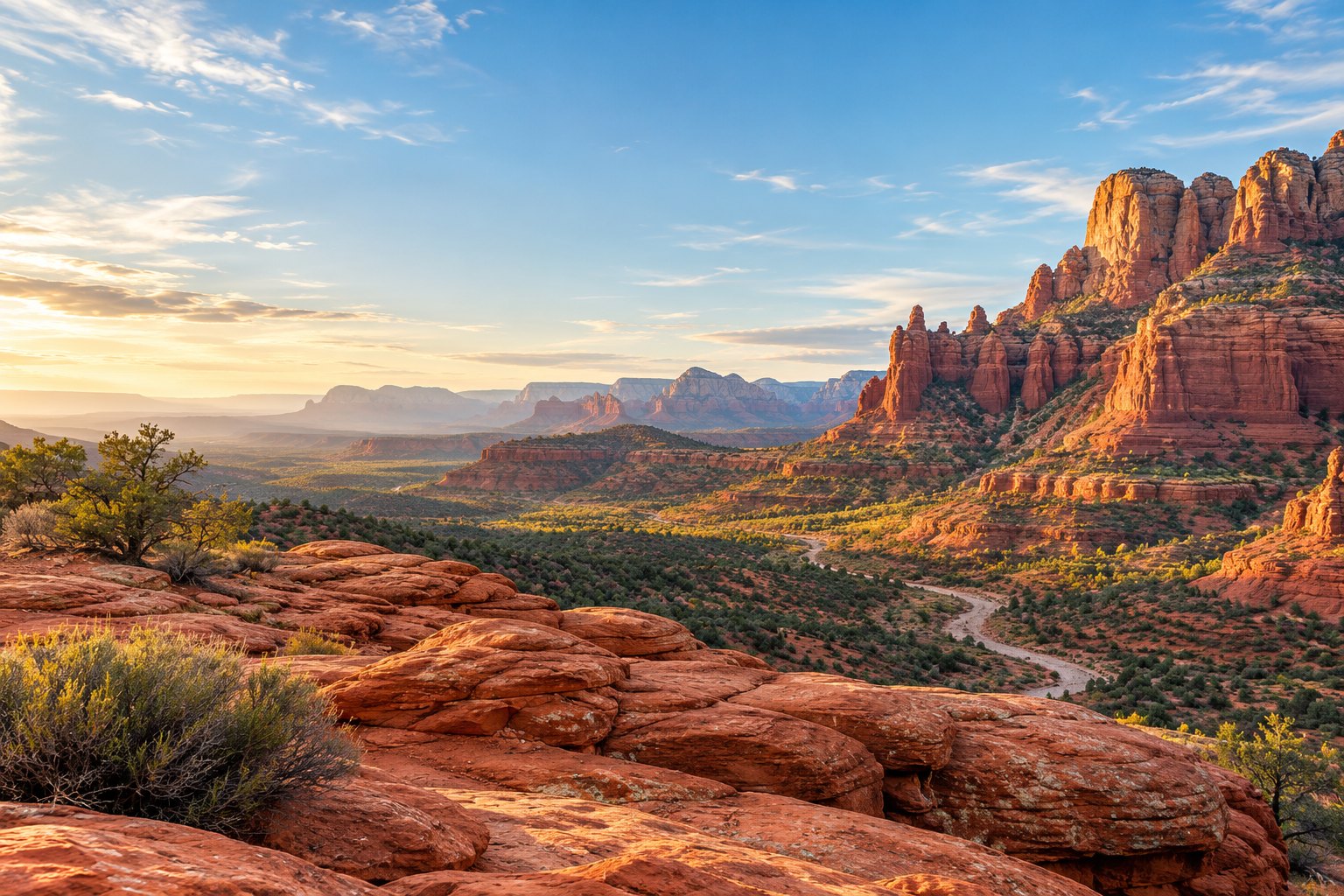 Illustrative desert landscape with sandstone cliffs and a winding path